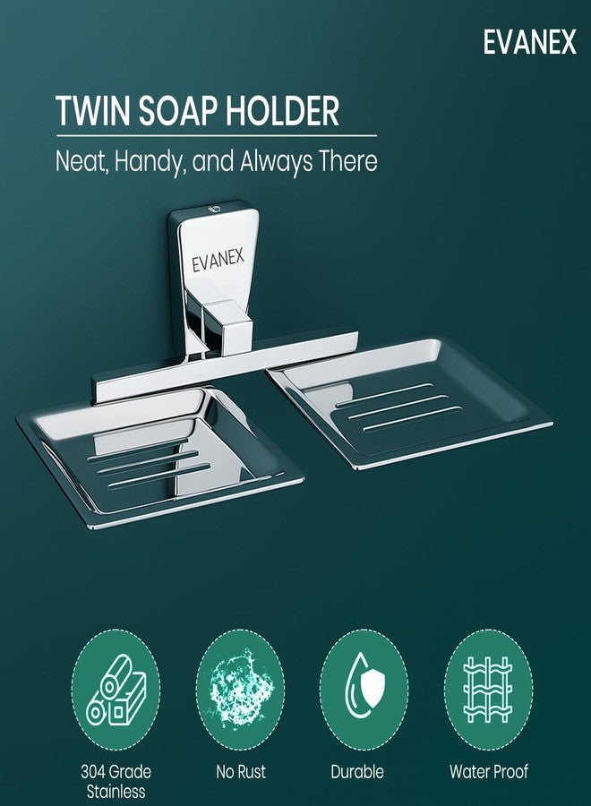 EVANEX Soap Holder | 304 Grade Stainless Steel Twin Soap Holder for Bathroom | Double Soap Tray Bar Holder for Bathroom | Wall Mounted Soap Stand Modern Design with Drainage Slots (SELVI) - Image 2